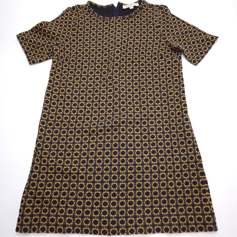 LOFT Dress Size Medium Geometric Print Short Sleeve MCM Vintage Style Stretch